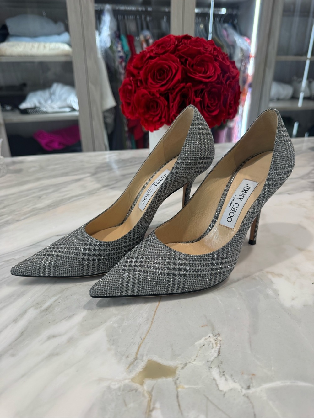 Jimmy Choo Glitter Plaid Pointed-Toe Pumps / Stilettos